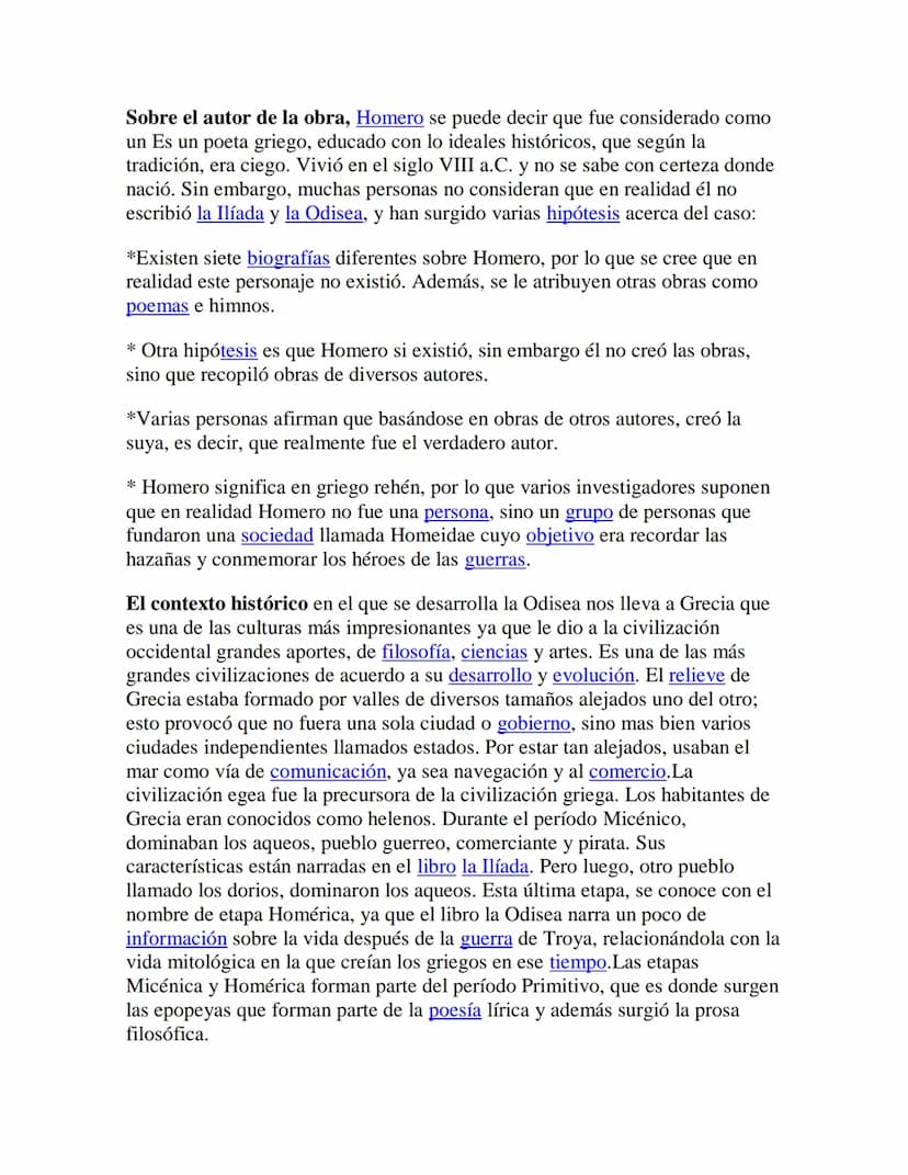 La Odisea de Homero
1. VIDA DE HOMERO:
Homero (probablemente siglo VIII a.c.) es el nombre dado al poeta y rapsoda
griego antiguo al que tra
