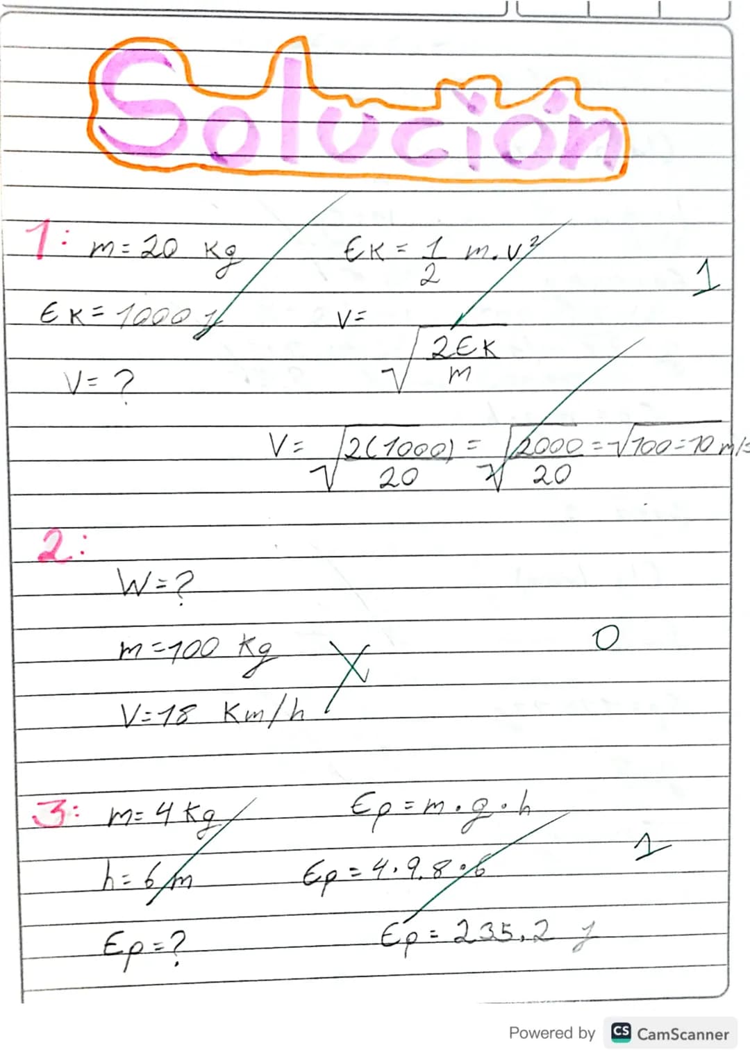 TALLER 3. ENERGÍA
1. ¿A qué velocidad se mueve un cuerpo de
20Kg de masa que posee una energia
cinética de 1000J? R/=10m/s
2. ¿Qué trabajo d