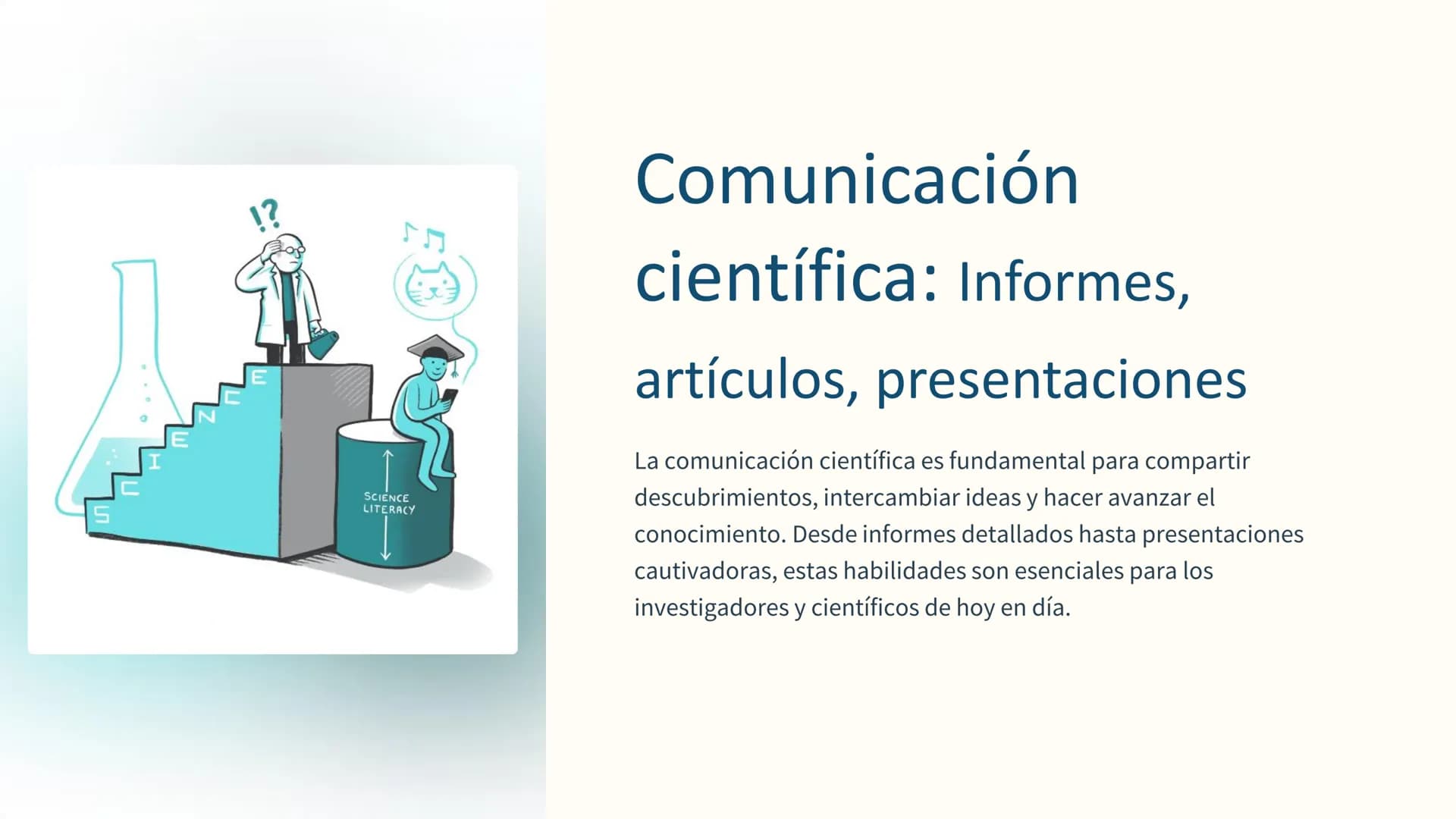 !?
SCIENCE
LITERACY
Comunicación
científica: Informes,
artículos, presentaciones
La comunicación científica es fundamental para compartir
de