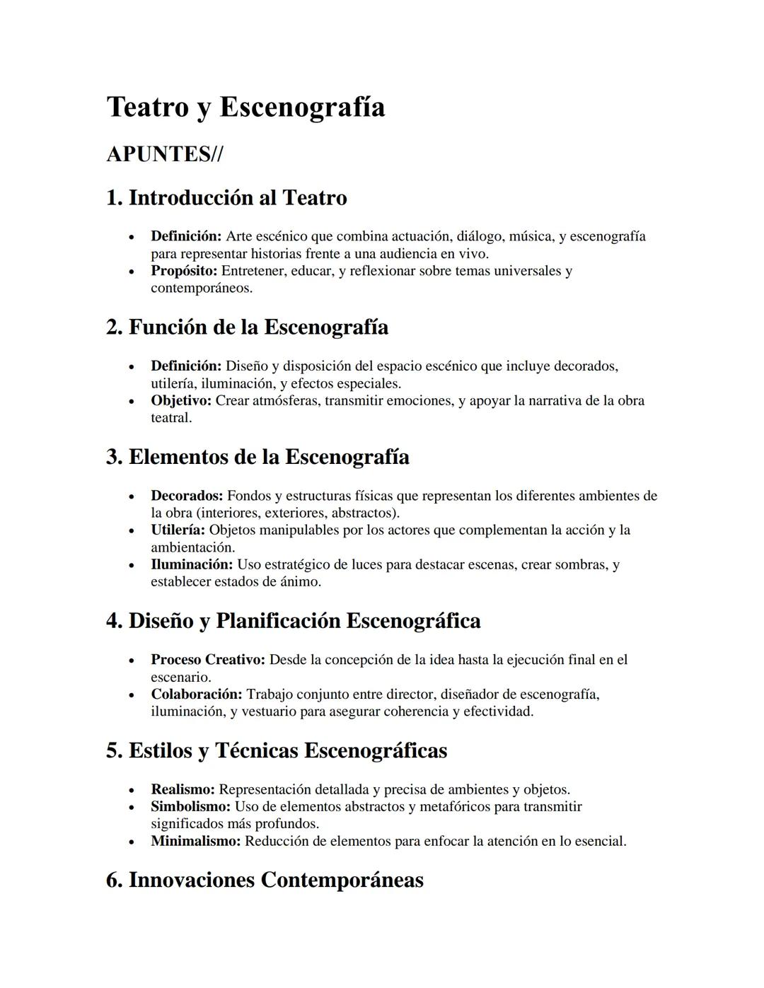 Teatro y Escenografía
APUNTES//
1. Introducción al Teatro
•
Definición: Arte escénico que combina actuación, diálogo, música, y escenografía