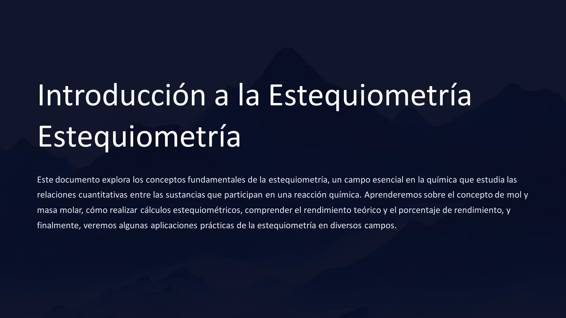 Introducción a la Estequiometría
Estequiometría
Este documento explora los conceptos fundamentales de la estequiometría, un campo esencial e