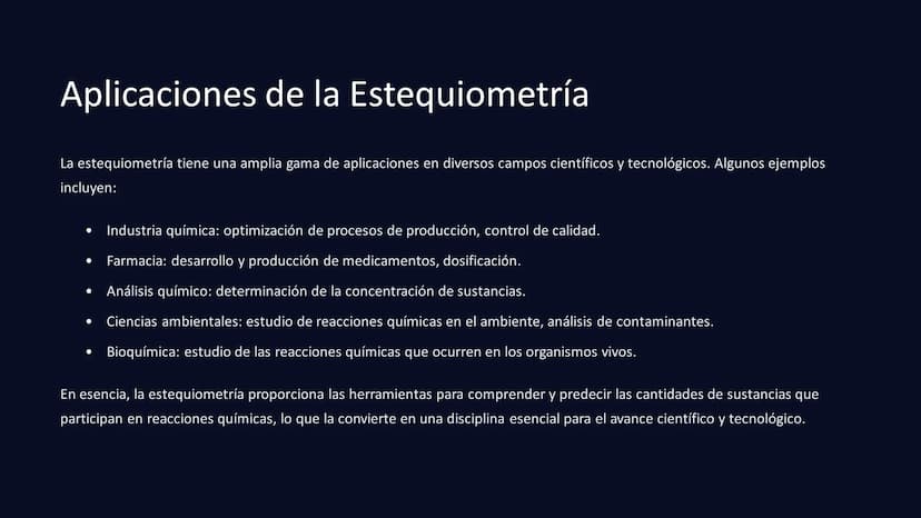 Introducción a la Estequiometría
Estequiometría
Este documento explora los conceptos fundamentales de la estequiometría, un campo esencial e