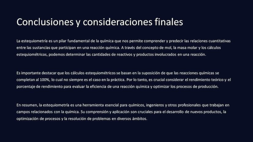 Introducción a la Estequiometría
Estequiometría
Este documento explora los conceptos fundamentales de la estequiometría, un campo esencial e