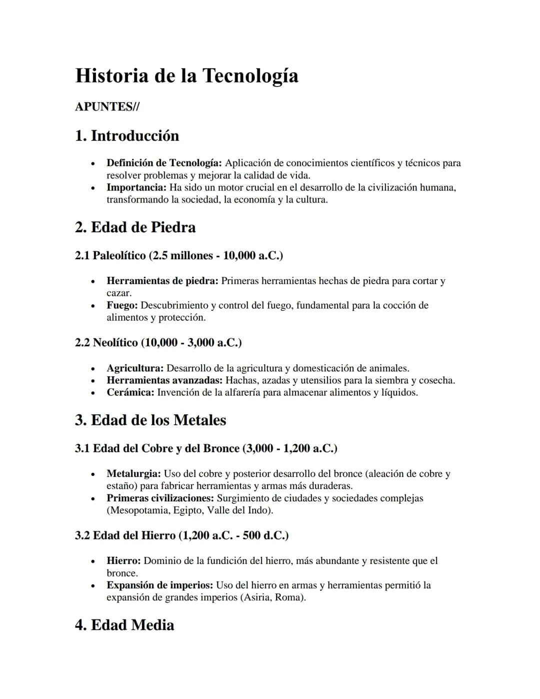 Historia de la Tecnología
APUNTES//
1. Introducción
•
•
Definición de Tecnología: Aplicación de conocimientos científicos y técnicos para
re