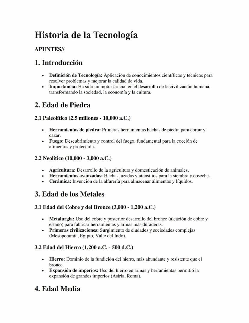 Historia de la Tecnología
APUNTES//
1. Introducción
•
•
Definición de Tecnología: Aplicación de conocimientos científicos y técnicos para
re