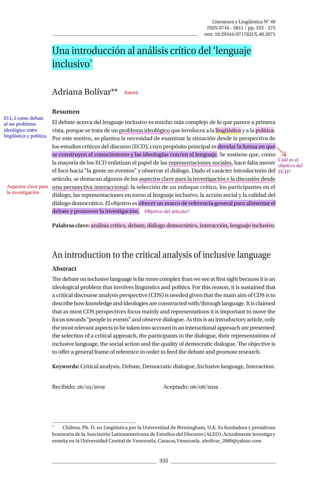 Literatura y Lingüística N° 40
ISSN 0716 5811/pp. 355-375
DOI: 10.29344/0717621X.40.2071
Una introducción al análisis crítico del 'lenguaje
