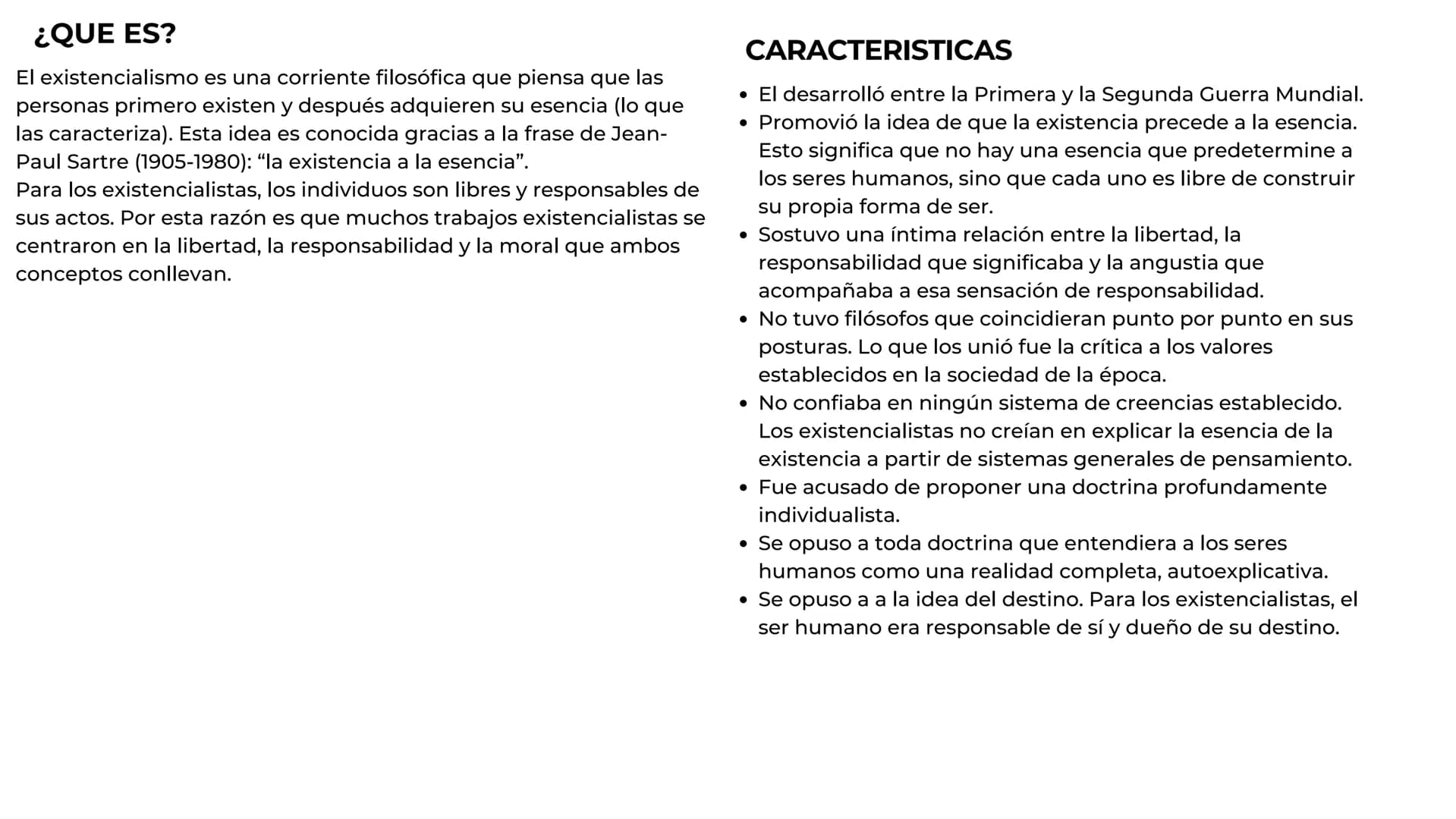 Existencialismo ¿QUE ES?
El existencialismo es una corriente filosófica que piensa que las
personas primero existen y después adquieren su e