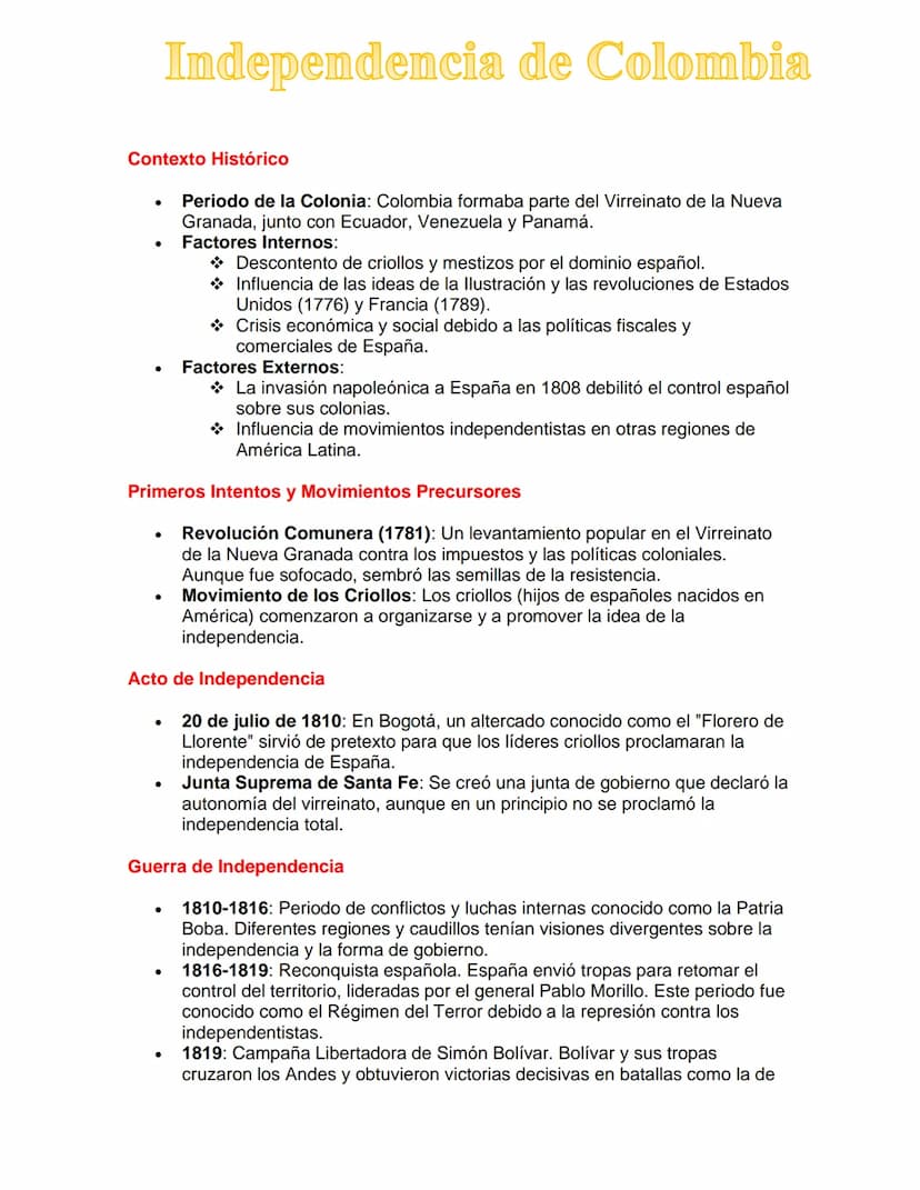 Independencia de Colombia
Contexto Histórico
•
•
Periodo de la Colonia: Colombia formaba parte del Virreinato de la Nueva
Granada, junto con