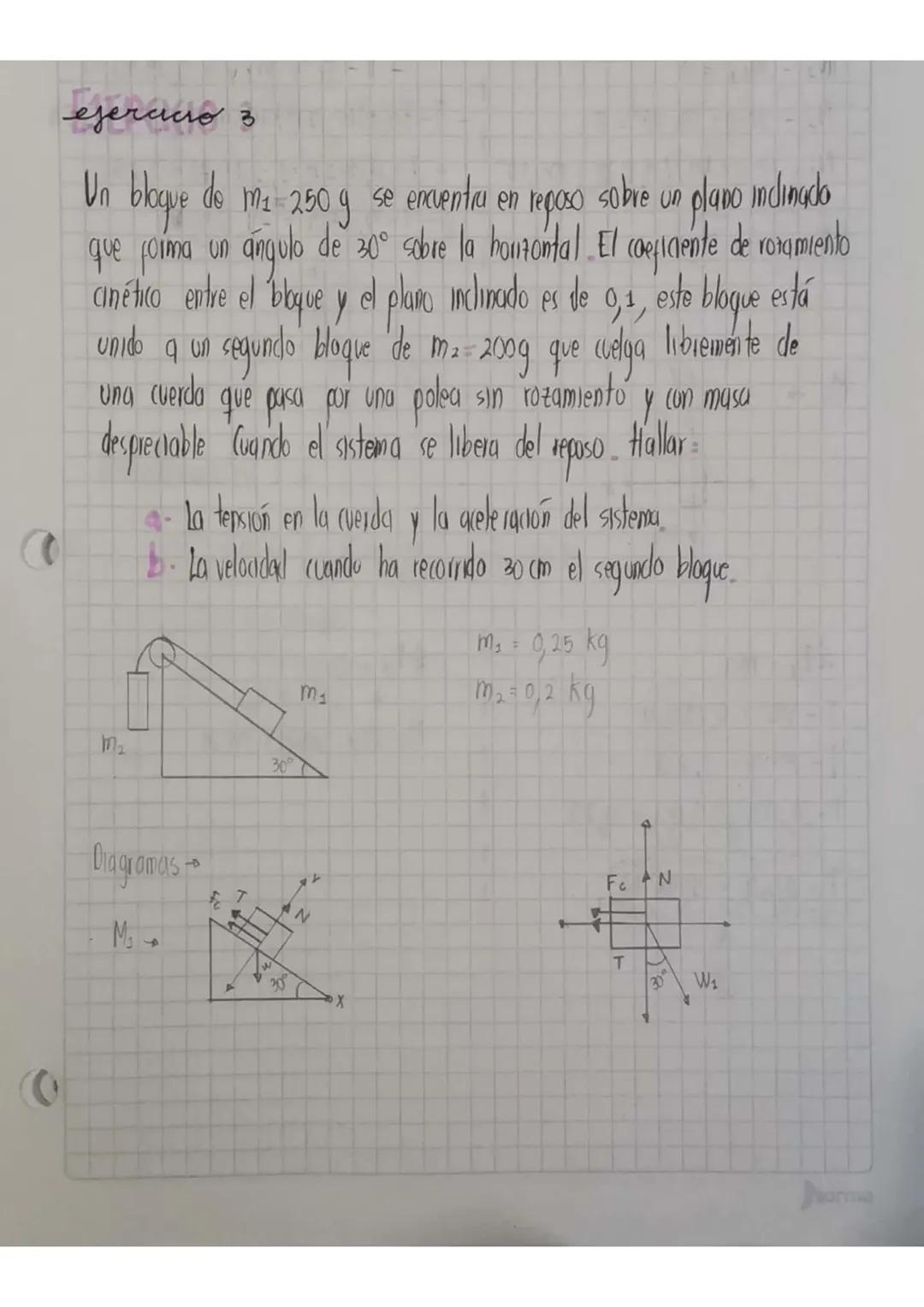 ejerado 3
Un bloque do m² 250g
se encuentra en reposo sobre un plano indinado
que forma un ángulo de 30° sobre la houzontal El coeficiente d