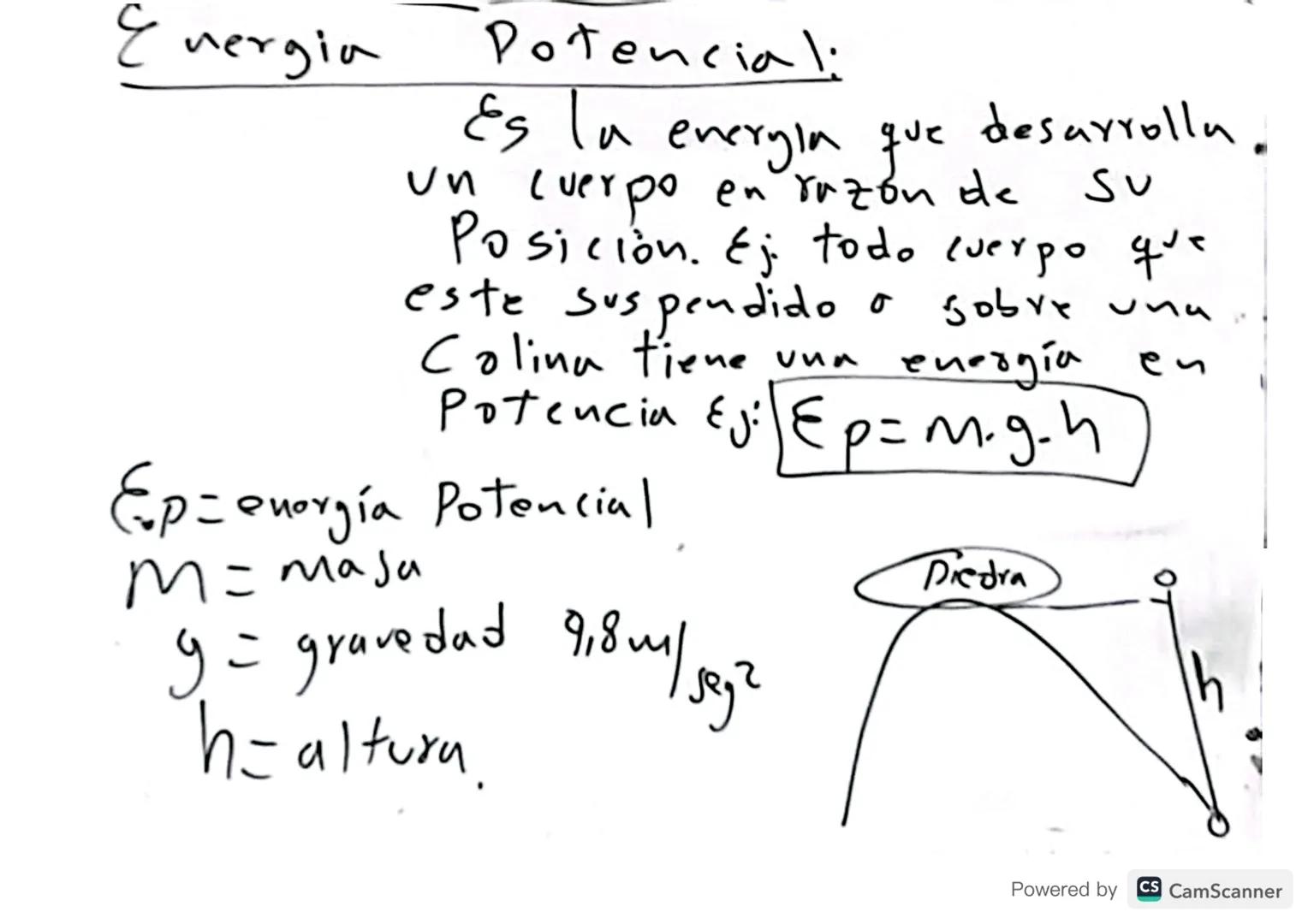 Energia

Potencial:
Es la energia que desarrolla.
Un cuerpo en razón de su
Posición. Ej todo cuerpo que
este suspendido o sobre una
Colina t