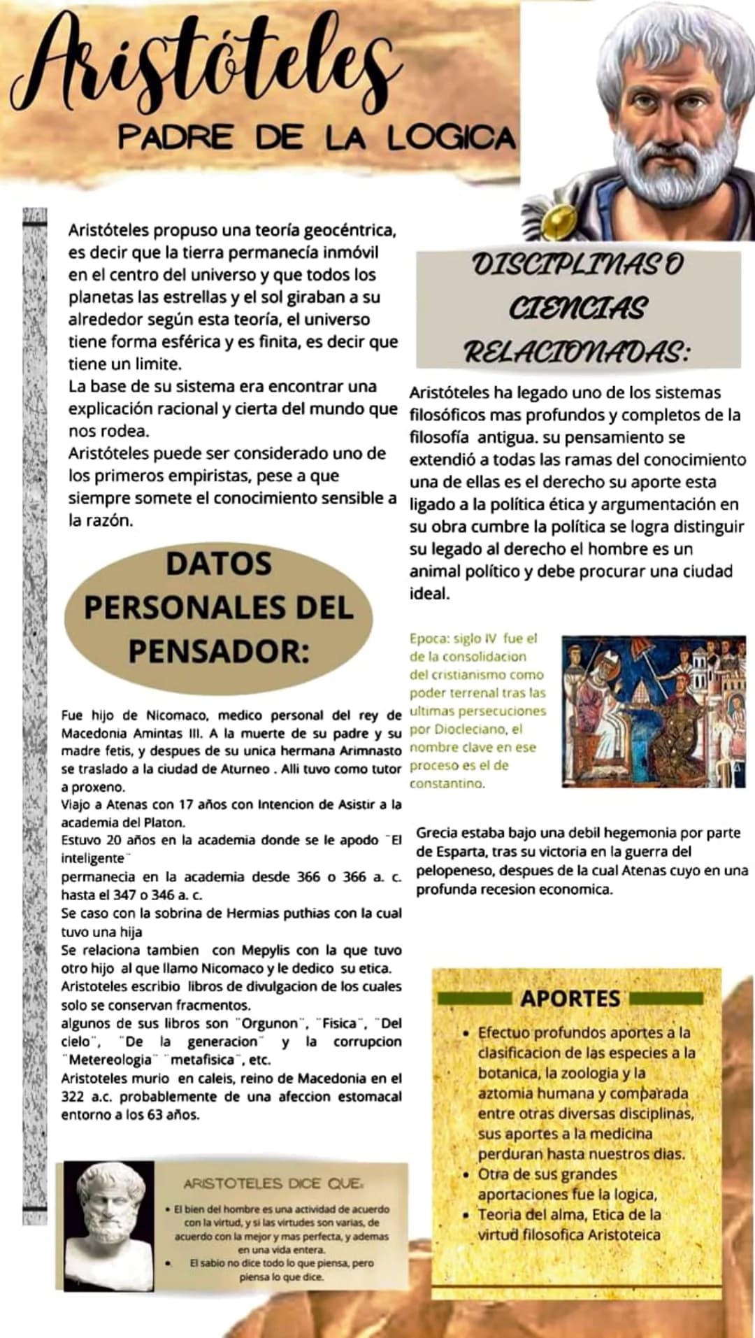 Aristoteles
PADRE DE LA LOGICA
Aristóteles propuso una teoría geocéntrica,
es decir que la tierra permanecía inmóvil
en el centro del univer