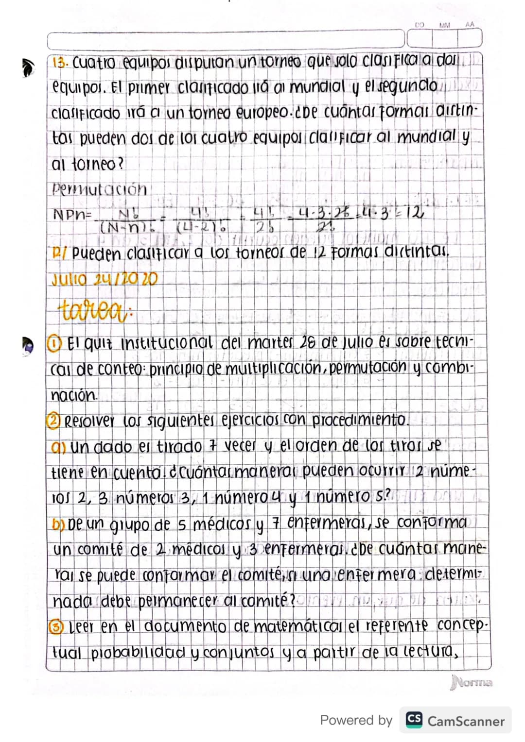 1
DD MM AA
Julio 10/2020
activiolad: LECTURA V ANÁLISIS SOBRE EXPERIMENTOS
ALEATORIO PROBABILIDAD Y CONTEO.
①Explicar la tercera ley de Kepl