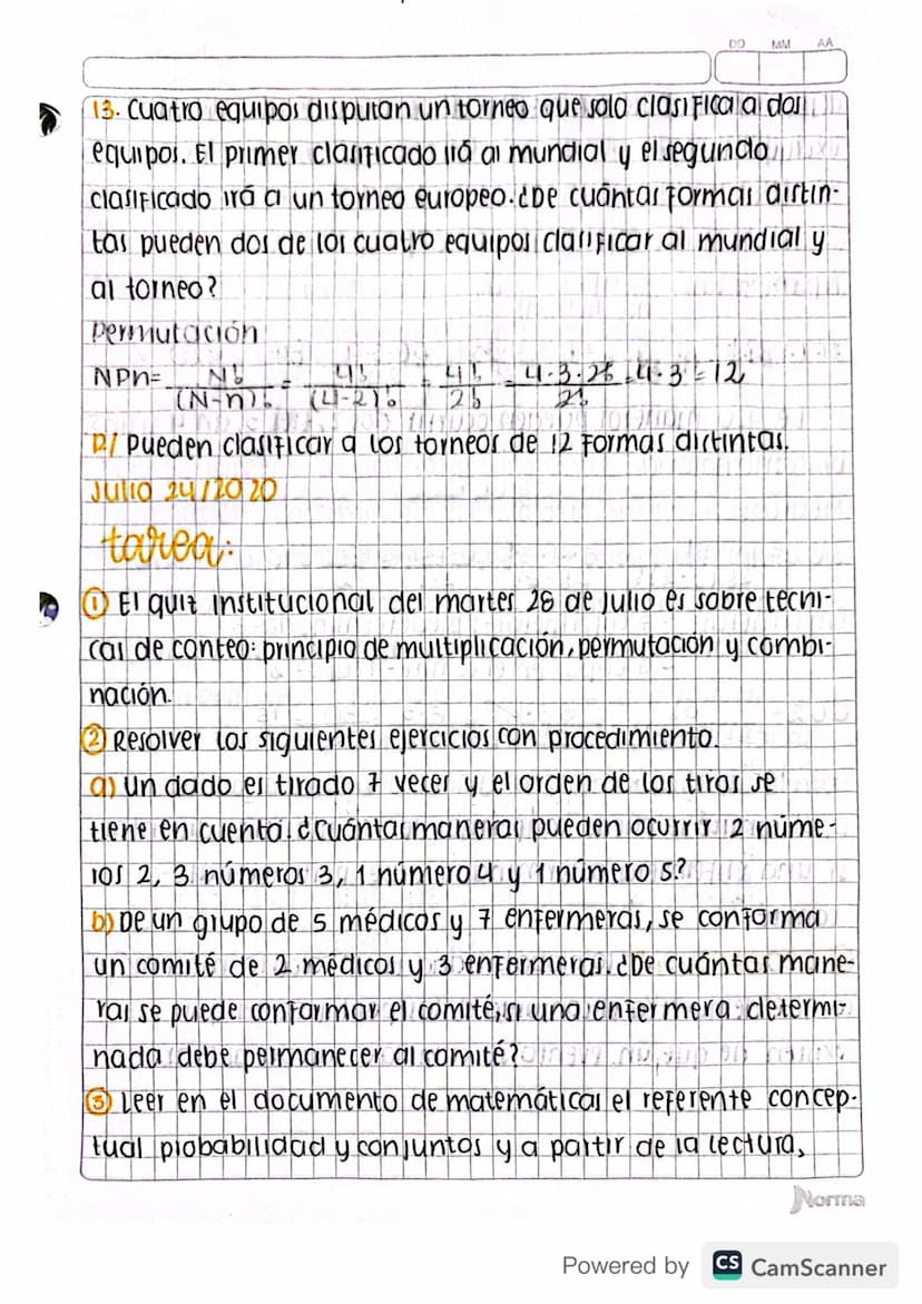 1
DD MM AA
Julio 10/2020
activiolad: LECTURA V ANÁLISIS SOBRE EXPERIMENTOS
ALEATORIO PROBABILIDAD Y CONTEO.
①Explicar la tercera ley de Kepl