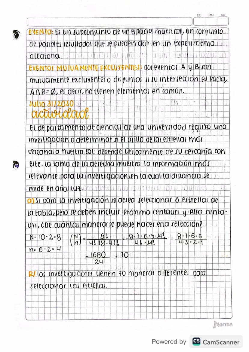 1
DD MM AA
Julio 10/2020
activiolad: LECTURA V ANÁLISIS SOBRE EXPERIMENTOS
ALEATORIO PROBABILIDAD Y CONTEO.
①Explicar la tercera ley de Kepl