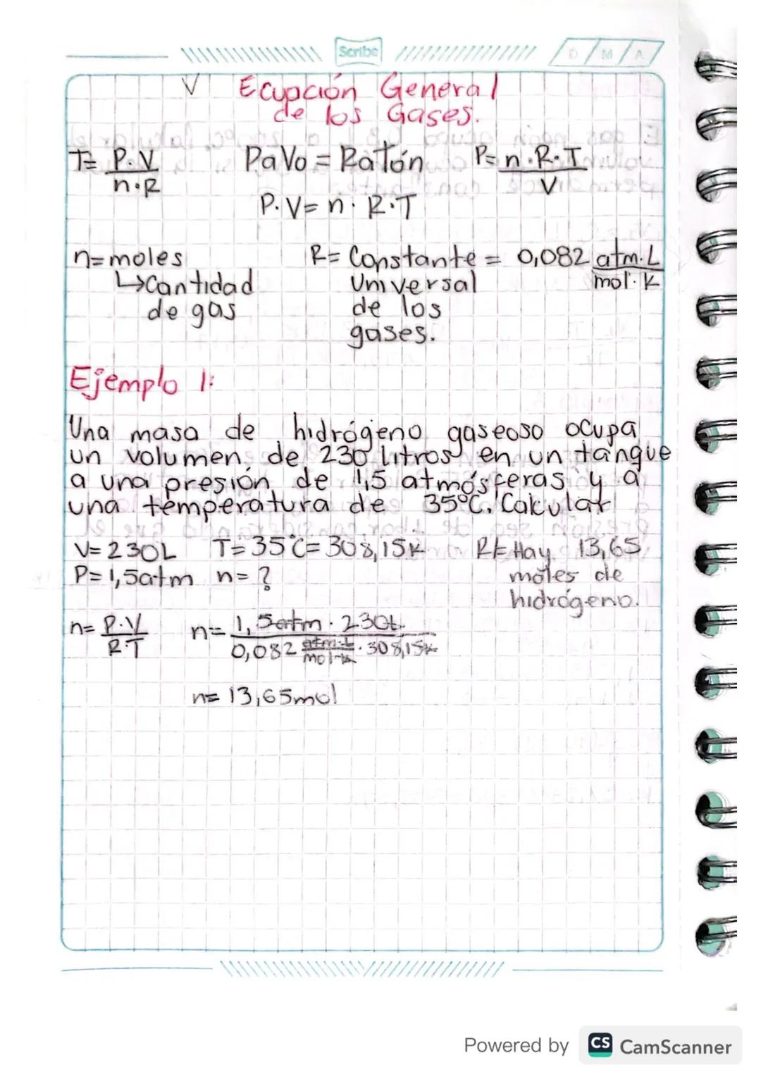 Scribe m
V Ecuación General
de los Gases.
D
A
TP.V PaVo = Raton P= n · R.T
n.p
n=moles
cantidad
de gas
Ejemplo 1:
P.V= n⋅ R⋅T
R = Constante 