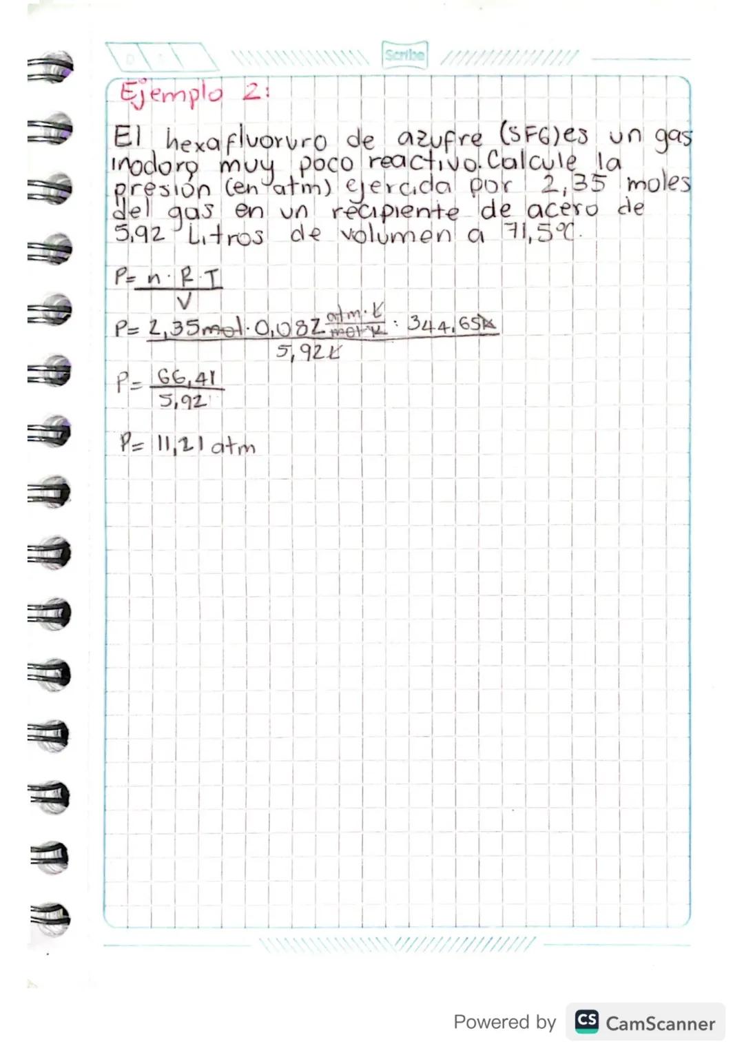 Scribe m
V Ecuación General
de los Gases.
D
A
TP.V PaVo = Raton P= n · R.T
n.p
n=moles
cantidad
de gas
Ejemplo 1:
P.V= n⋅ R⋅T
R = Constante 
