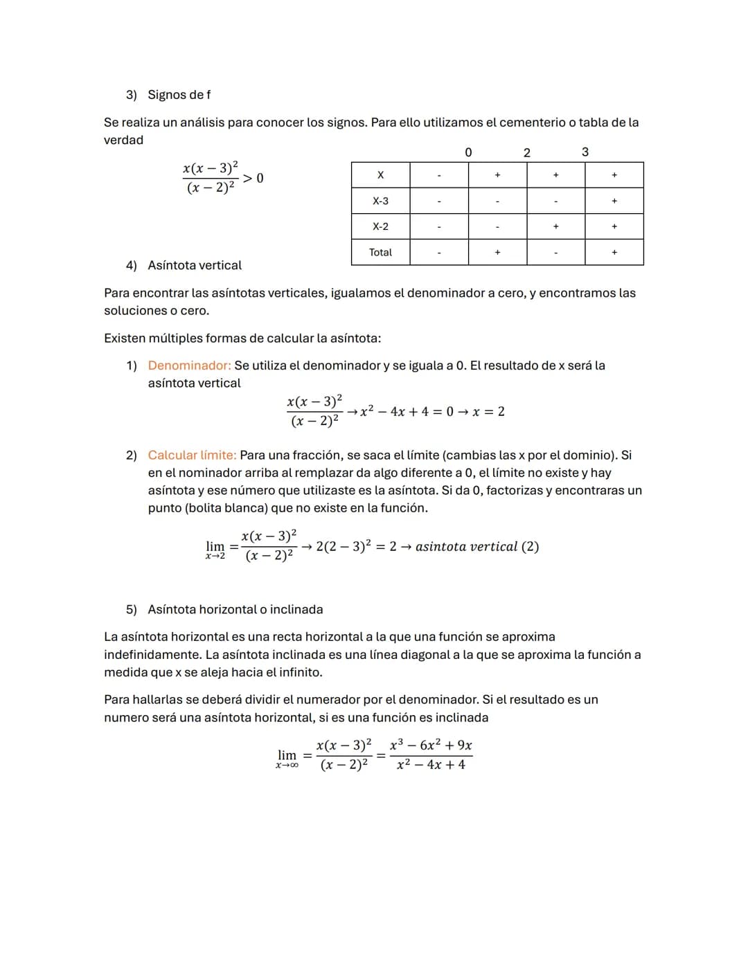 Estudio de función
Esta explicación se hará junto con el ejemplo
x(x-3)²
(x-2)2
1) Dominio de f
El dominio de una función es el conjunto de 