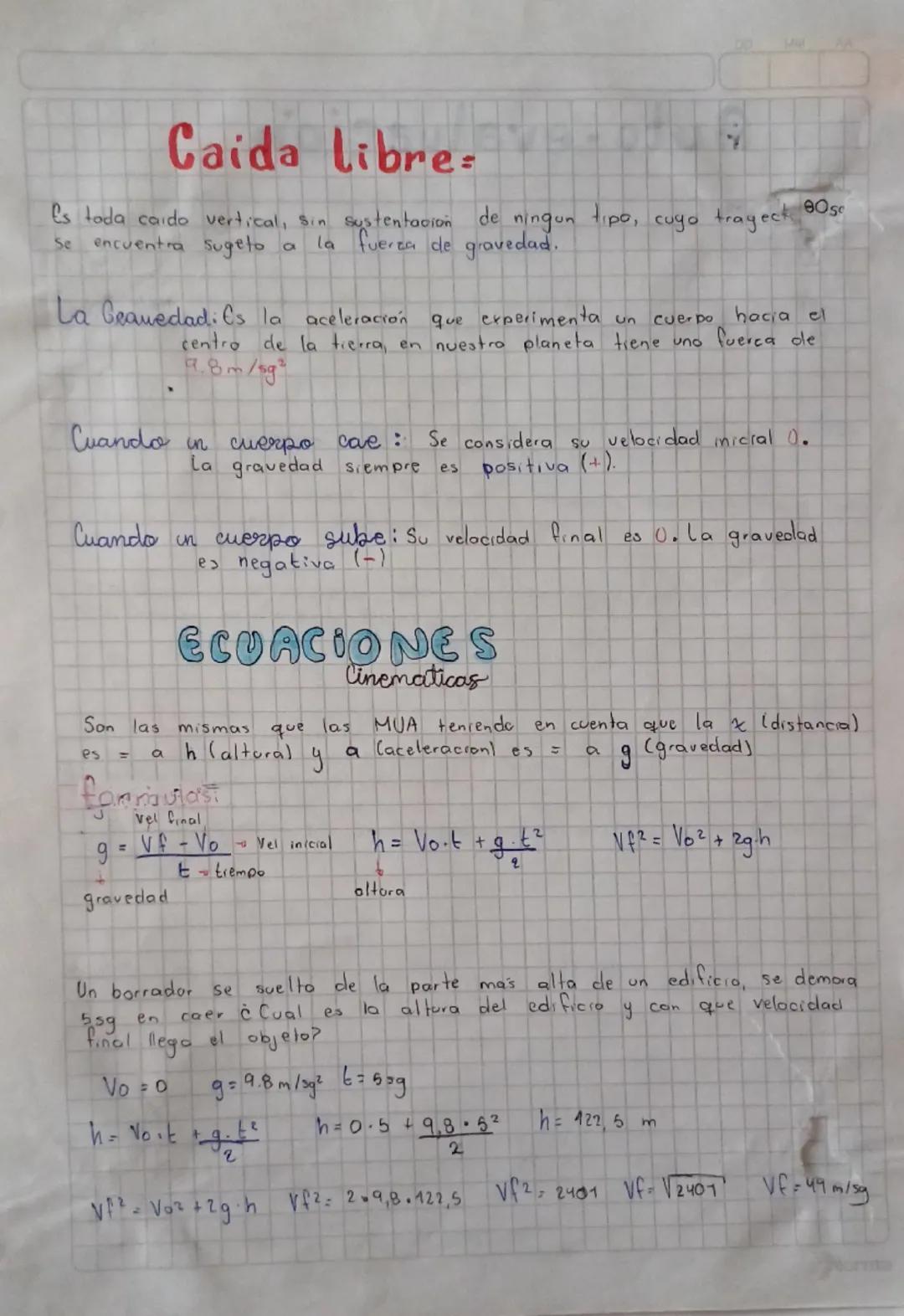 # Caida Libre

Is toda caido vertical, Sin sustentacion de ningun tipo, cuyo trayect. 00se
Se encuentra sugeto a la fuerza de gravedad.

La 