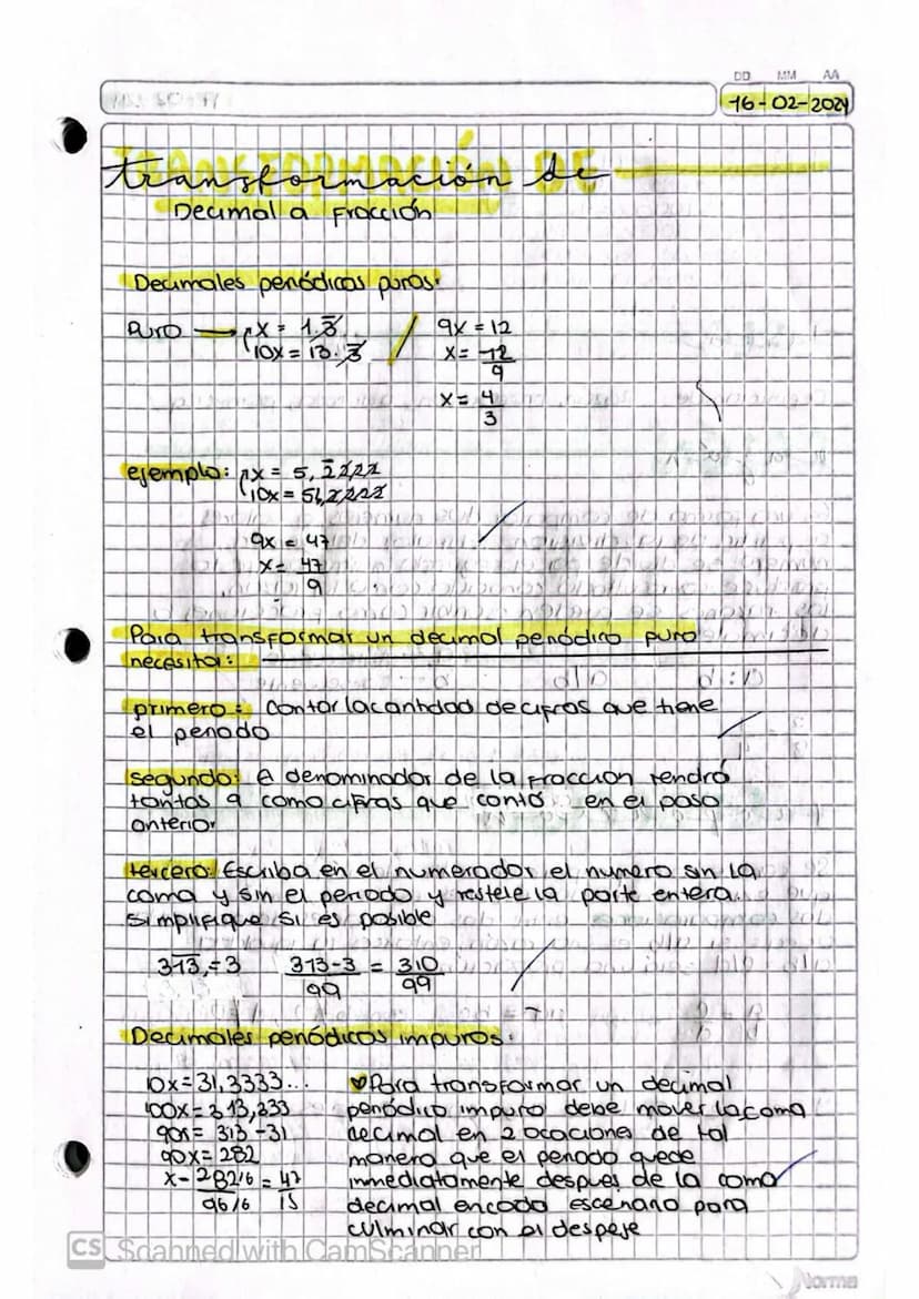 transformación
Decimal a Fraccion
Decimales penodicos puños.
Puro
xxx = 1.3
10x = 13.3
9x=12
X = 12
2
X = 4
3
DD
MM AA
16-02-202
ejemplo: x 