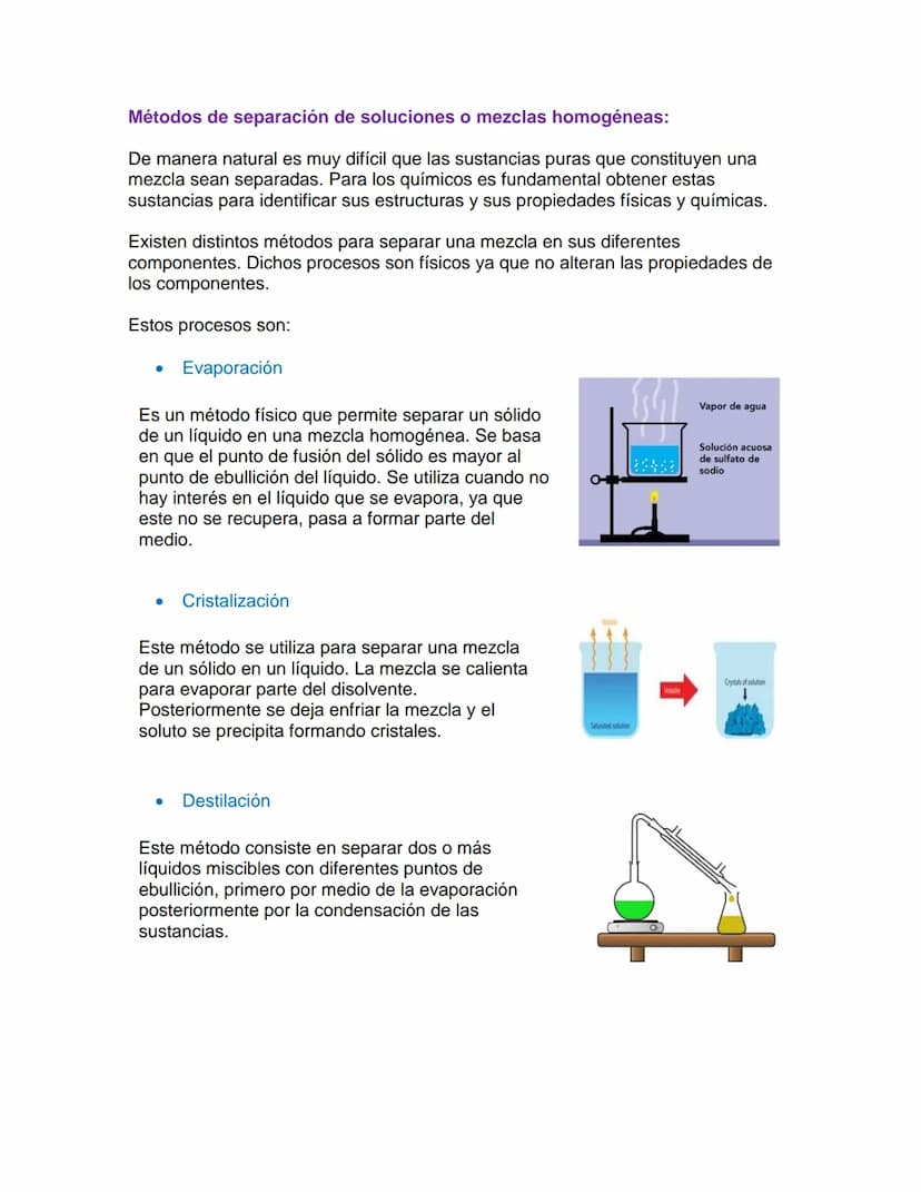 Métodos de separación de soluciones o mezclas homogéneas:
De manera natural es muy difícil que las sustancias puras que constituyen una
mezc