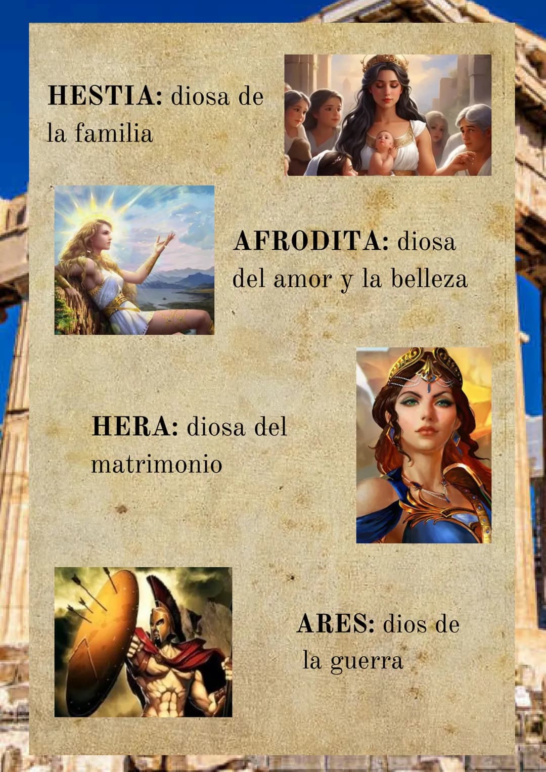 LOS DIOSES
GRIEGOS
Los griegos tenían numerosos dioses. En el
Olimpo vivían los doce dioses mayores:
ZEUS: dios del trueno,
rayo y regidor d