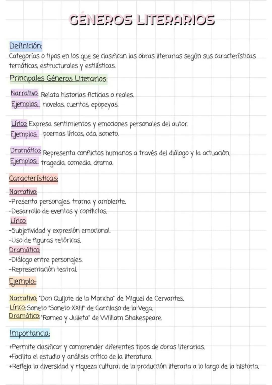GENEROS LITERARIOS
Definición:
Categorías o tipos en los que se clasifican las obras literarias según sus características
temáticas, estruct