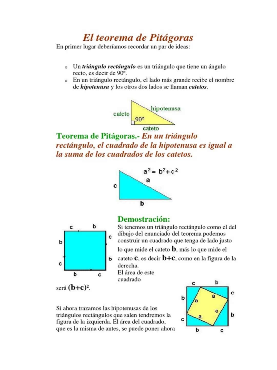 El teorema de Pitágoras
En primer lugar deberíamos recordar un par de ideas:
。 Un triángulo rectángulo es un triángulo que tiene un ángulo
o