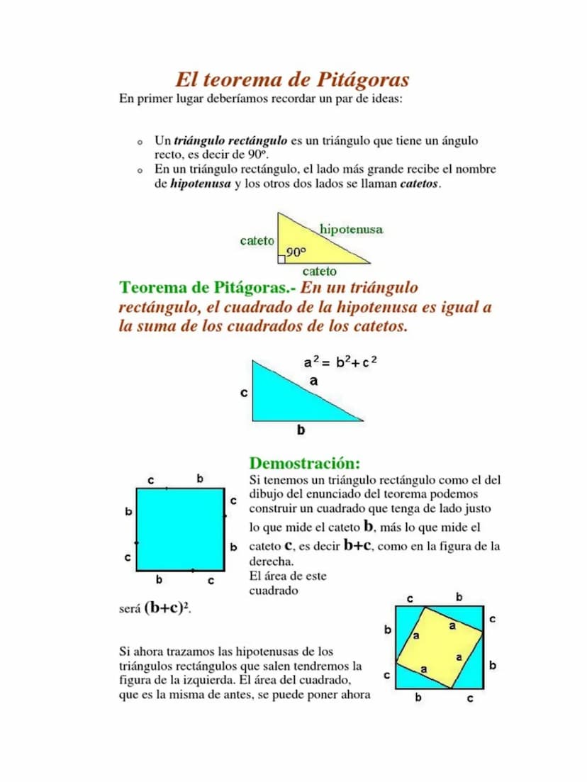 El teorema de Pitágoras
En primer lugar deberíamos recordar un par de ideas:
。 Un triángulo rectángulo es un triángulo que tiene un ángulo
o