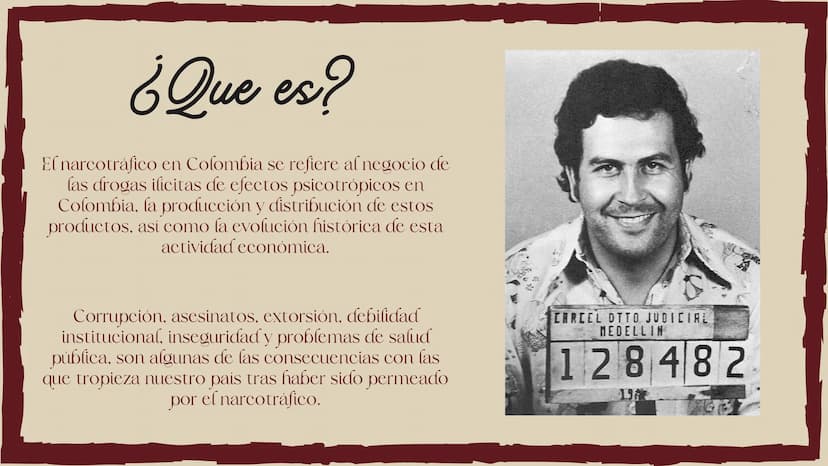 narcotrafico ¿Que es?
El narcotráfico en Colombia se refiere al negocio de
las drogas ilicitas de efectos psicotrópicos en
Colombia, la prod