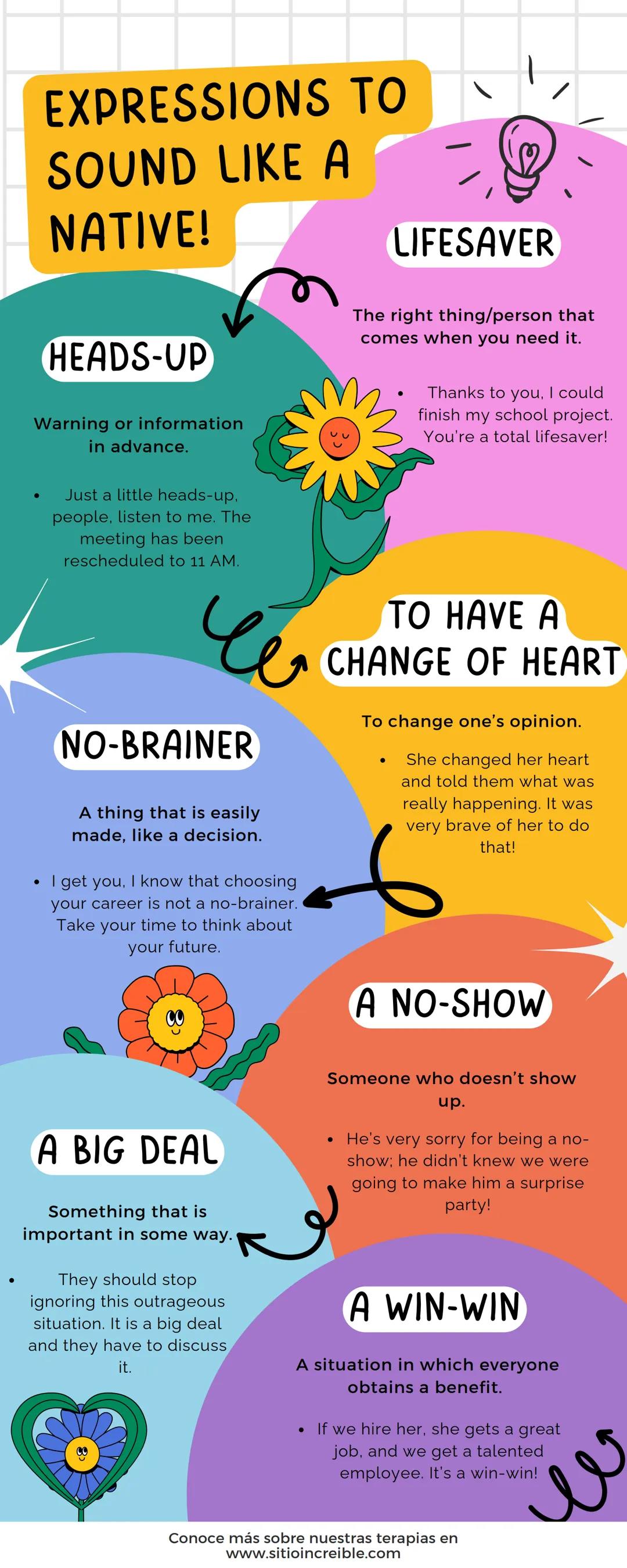 # EXPRESSIONS TO
SOUND LIKE A
NATIVE!

HEADS-UP
Warning or information
in advance.

*   Just a little heads-up.
    people, listen to me. Th