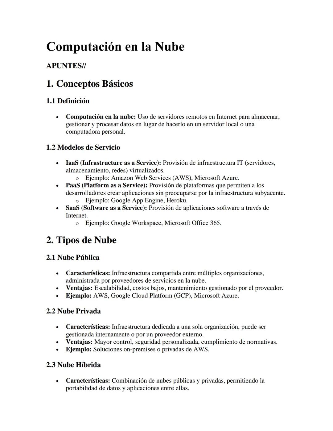 Computación en la Nube
APUNTES//
1. Conceptos Básicos
1.1 Definición
•
Computación en la nube: Uso de servidores remotos en Internet para al