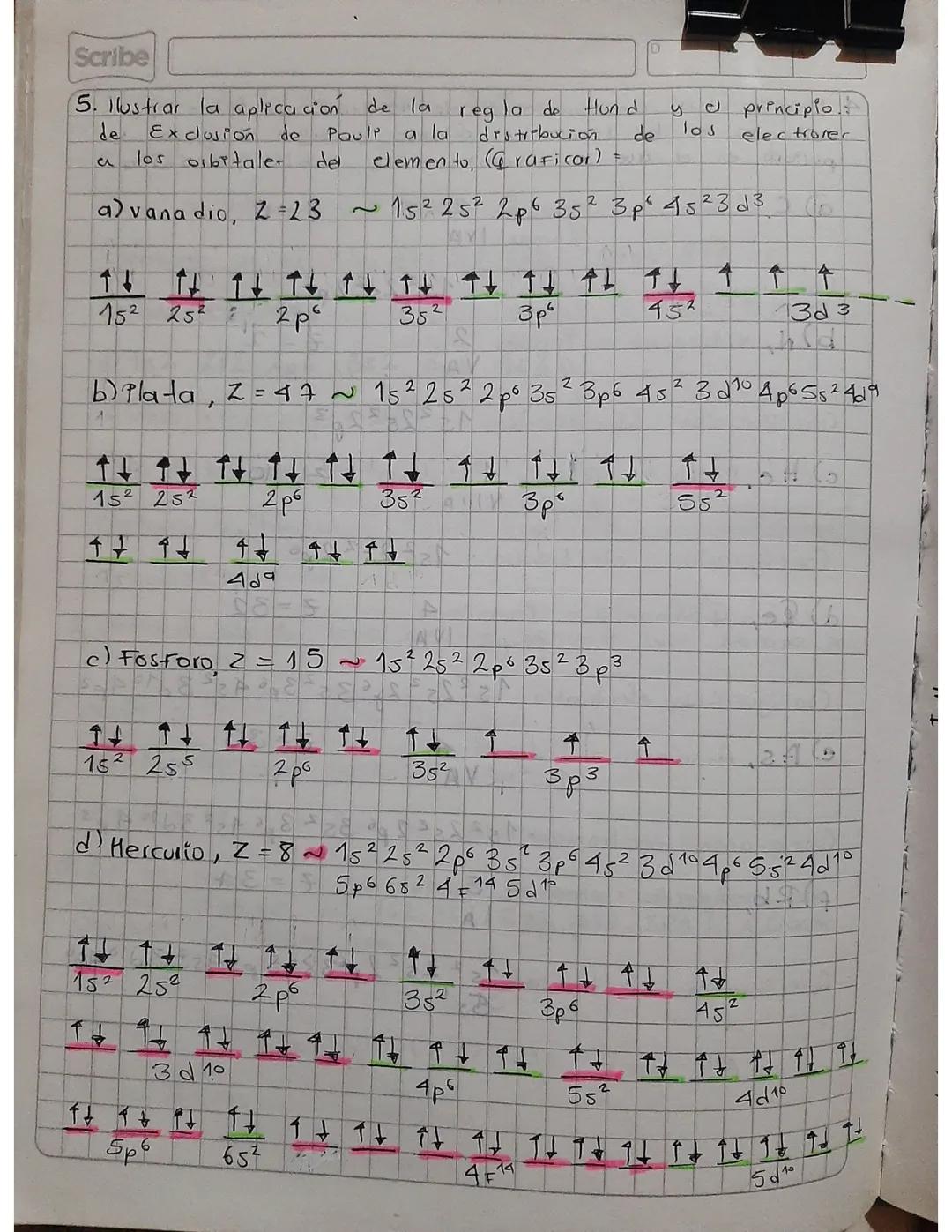 Scribe
5. Ilustrar la aplicacion de la regla de
de Exclusion
a los orbitaler
de
Pauli
de
a) vana dio, Z=23
2
a la
Hund
у
de
105
distribución