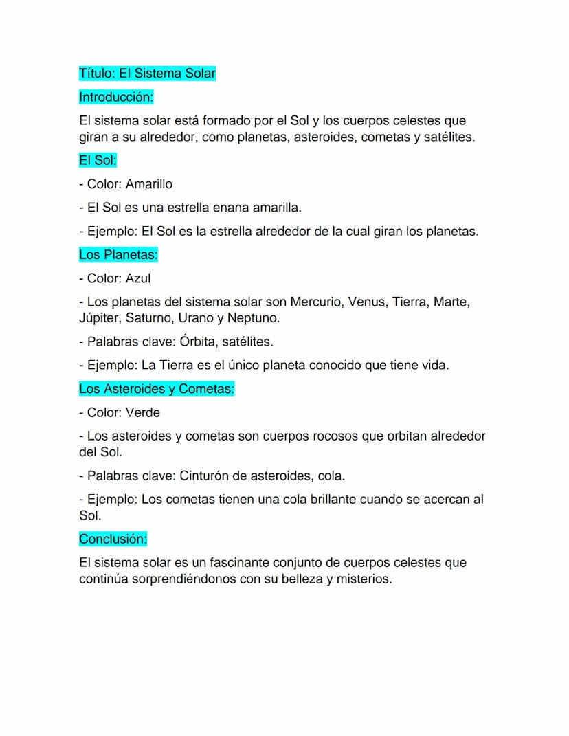 Título: El Sistema Solar
Introducción:
El sistema solar está formado por el Sol y los cuerpos celestes que
giran a su alrededor, como planet