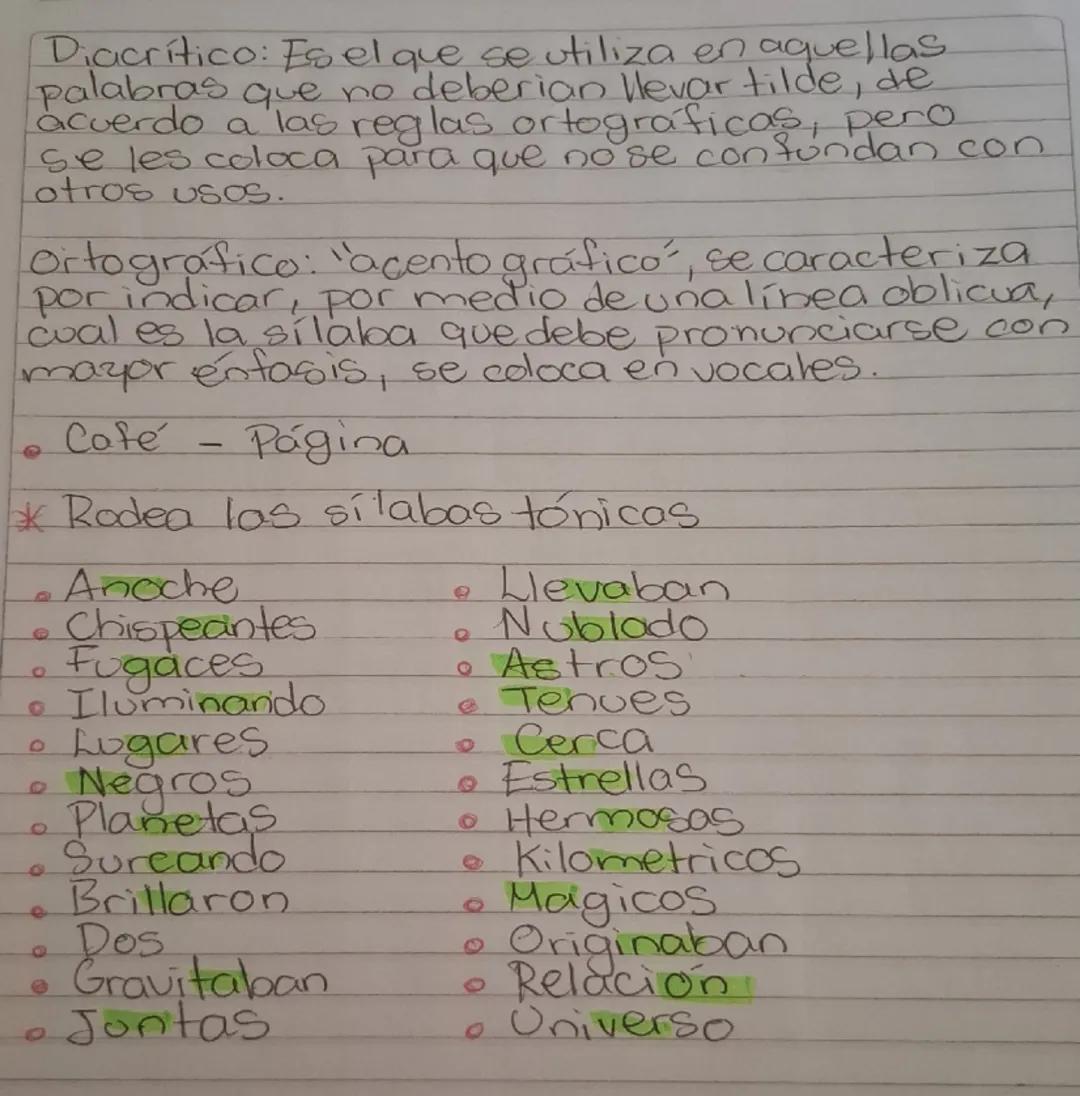 Contenido: Tipos de acento: prosódico,
diacrítico y ortografico.
1. abandono
2.040
3. siguió
4. dolian
5. sabía
"Todas las palabras tienen a