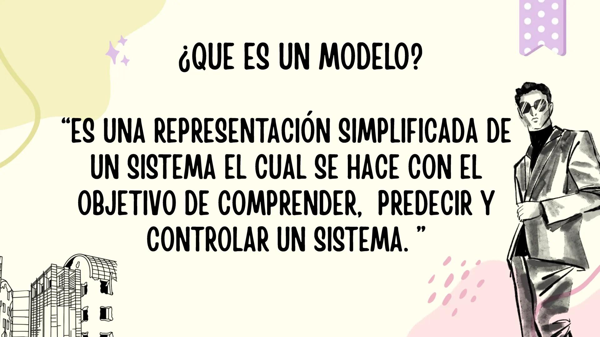 ¿QUE ES UN MODELO?
“ES UNA REPRESENTACIÓN SIMPLIFICADA DE
UN SISTEMA EL CUAL SE HACE CON EL
OBJETIVO DE COMPRENDER, PREDECIR Y
CONTROLAR UN 