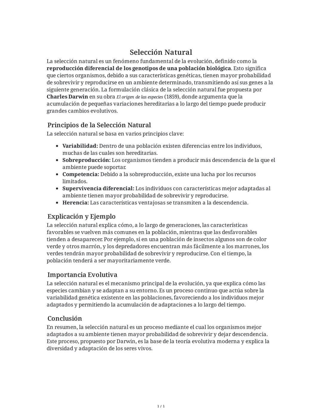 --- OCR Start ---
Selección Natural
La selección natural es un fenómeno fundamental de la evolución, definido como la
reproducción diferenci