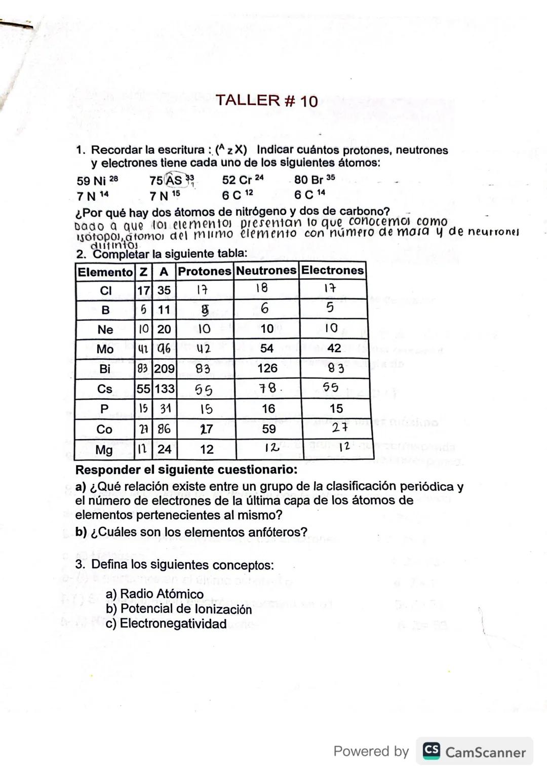 TALLER # 10

1. Recordar la escritura: ($^zX$) Indicar cuántos protones, neutrones
y electrones tiene cada uno de los siguientes átomos:
59 