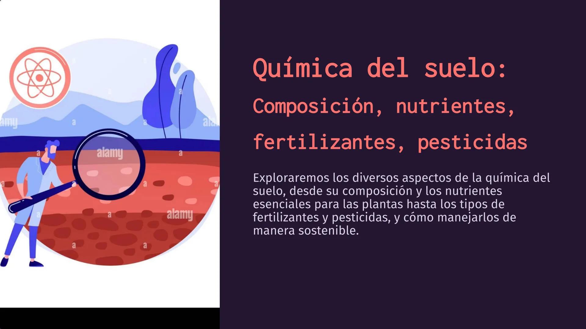 amy
alamy
a
a
alamy
ala
Química del suelo:
Composición, nutrientes,
fertilizantes, pesticidas
Exploraremos los diversos aspectos de la quími