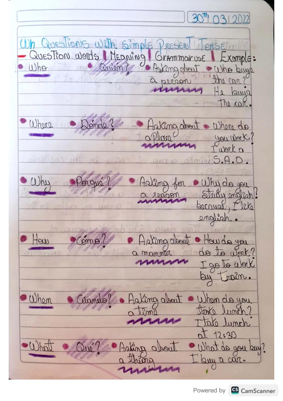 30 0312022

Wh Questions with Simple Present Tenseta
- QUESTION words Meaning Grammaruse Example:
- Who Quien? Asking about who buys
 a pers