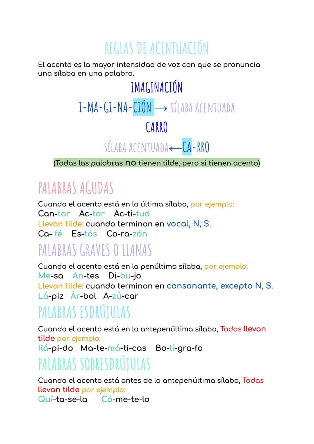 REGLAS DE ACENTUACIÓN
El acento es la mayor intensidad de voz con que se pronuncia
una sílaba en una palabra.
IMAGINACIÓN
I-MA-GI-NA-CIÓN →→
