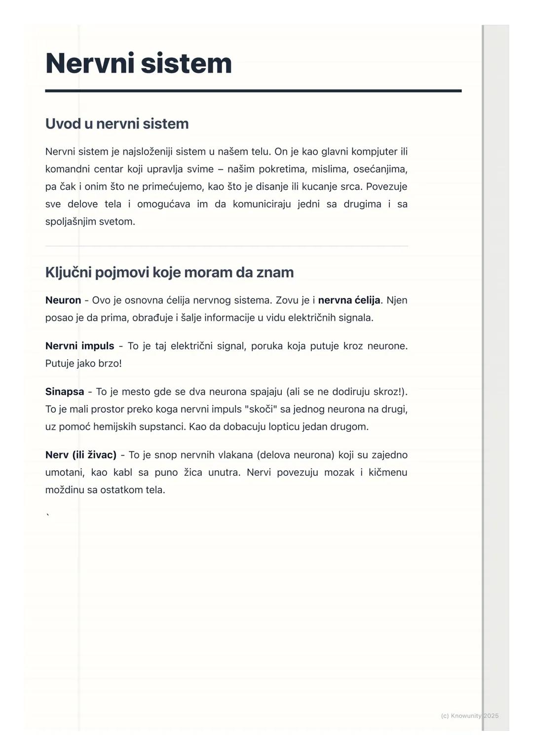 # Nervni sistem

Uvod u nervni sistem

Nervni sistem je najsloženiji sistem u našem telu. On je kao glavni kompjuter ili
komandni centar koj