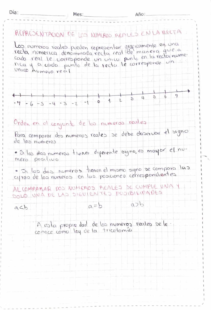 Día:
Mes:.
Año:
REPRESENTACION DE LOS NUMEROS REALES EN LA RECTA
Los numeros reales pueden representar graficamente en una
recta numerica de