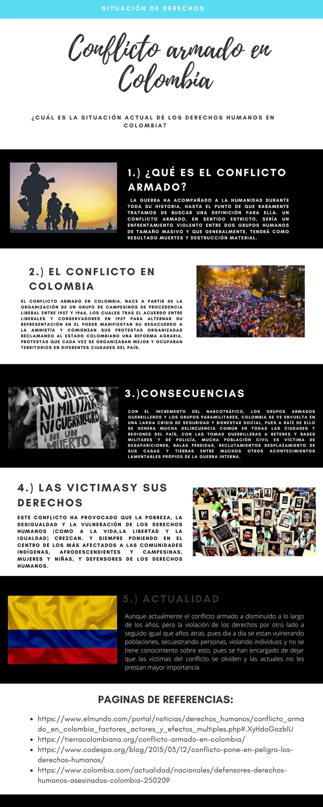 SITUACIÓN DE DERECHOS
Conflicto armado en
Colombia
¿CUÁL ES LA SITUACIÓN ACTUAL DE LOS DERECHOS HUMANOS EN
COLOMBIA?
1.) ¿QUÉ ES EL CONFLICT