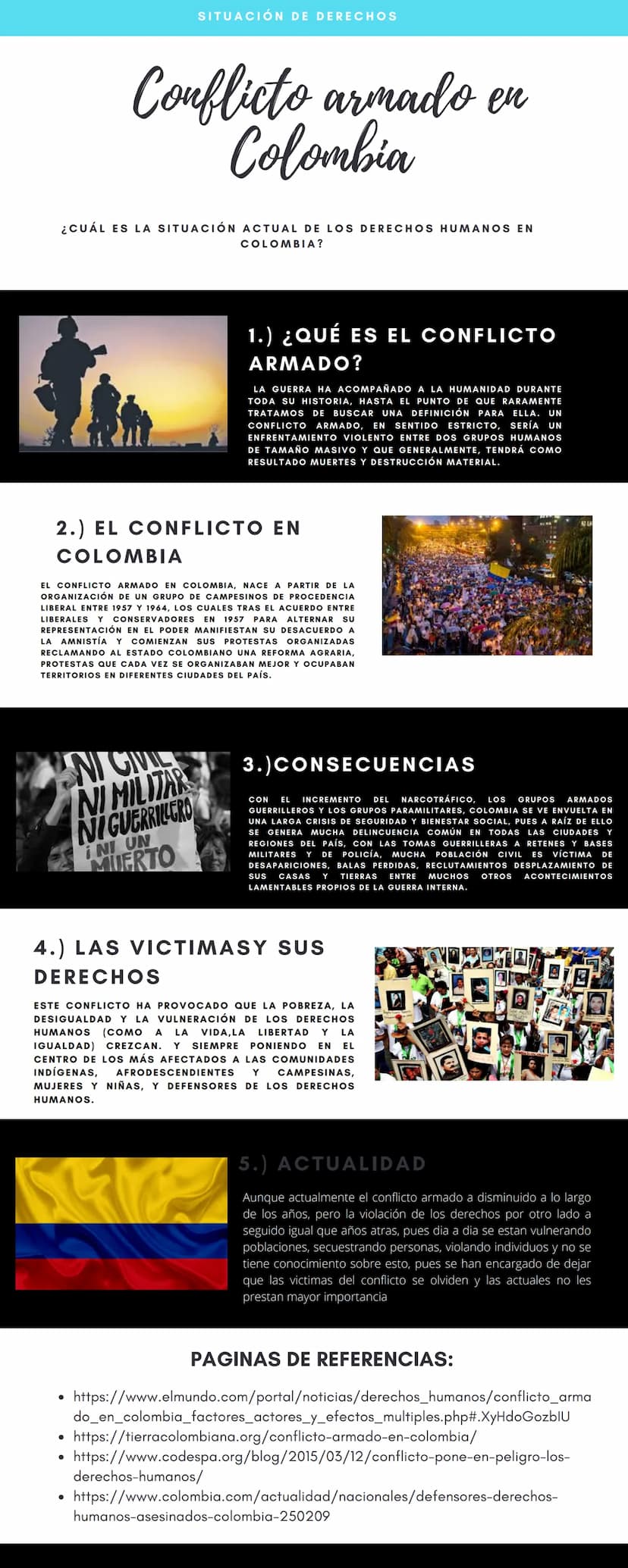 SITUACIÓN DE DERECHOS
Conflicto armado en
Colombia
¿CUÁL ES LA SITUACIÓN ACTUAL DE LOS DERECHOS HUMANOS EN
COLOMBIA?
1.) ¿QUÉ ES EL CONFLICT