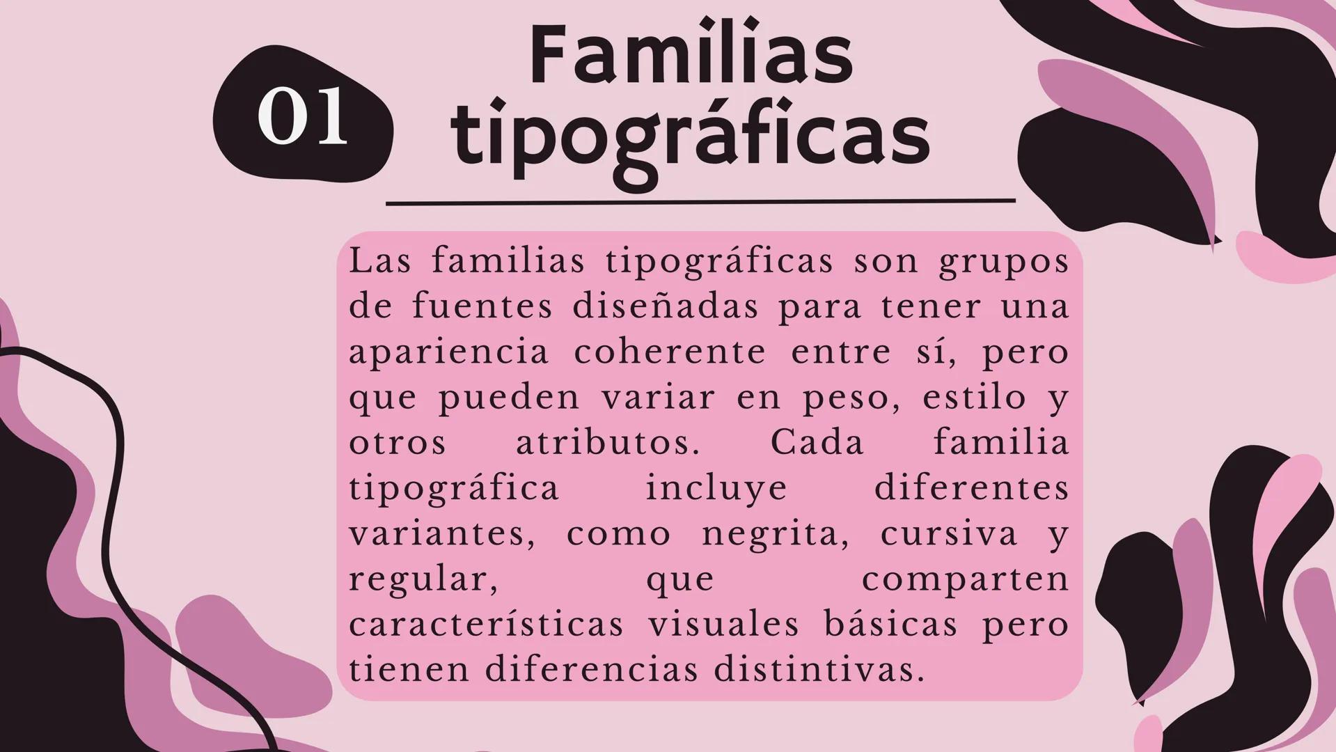 FAMILIAS
TIPOGRÁFICAS
PRESENTACIÓN
S. D Índice
Familias
Tipografía
01
06
tipográficas
Script
Tipografía
Tipografía
02
07
Egipcia
Block
Tipog