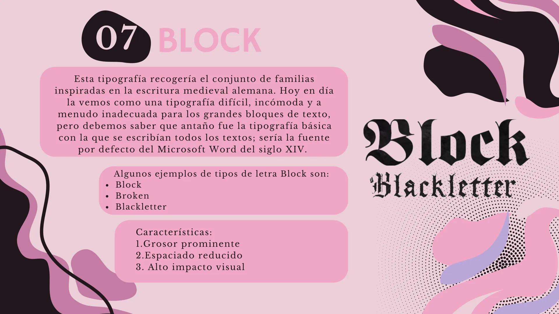 FAMILIAS
TIPOGRÁFICAS
PRESENTACIÓN
S. D Índice
Familias
Tipografía
01
06
tipográficas
Script
Tipografía
Tipografía
02
07
Egipcia
Block
Tipog