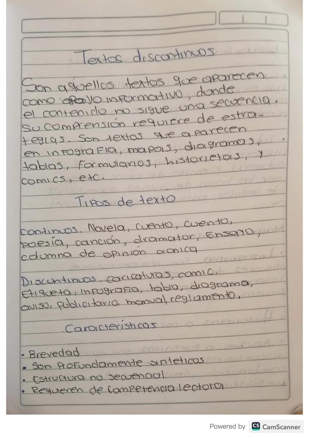 # Textos discontinuos.

Son aquellos textos que aparecen
como apoyo informativo, donde
el contenido no sigue una secuencia.
Su comprensión r