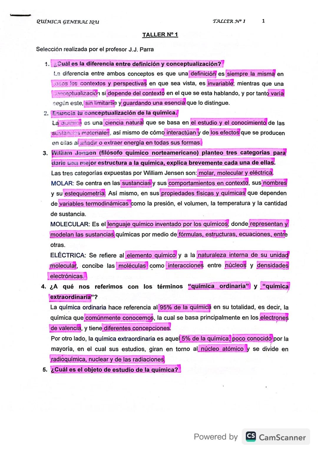 QUÍMICA GENERAL IQU

TALLER N° 1
1
TALLER N° 1

Selección realizada por el profesor J.J. Parra

1. Cuál es la diferencia entre definición y 