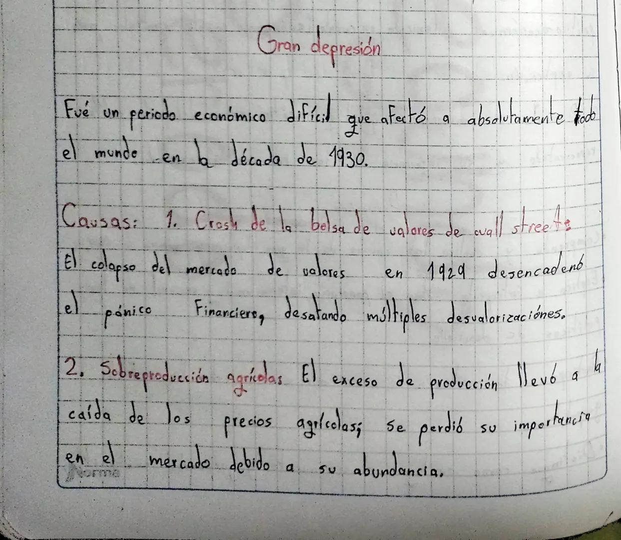 Gran depresión

Fué un periodo económico difícil que afectó a absolutamente todo
el munde en la década de 1930.

Causas: 1. Crash de la bels