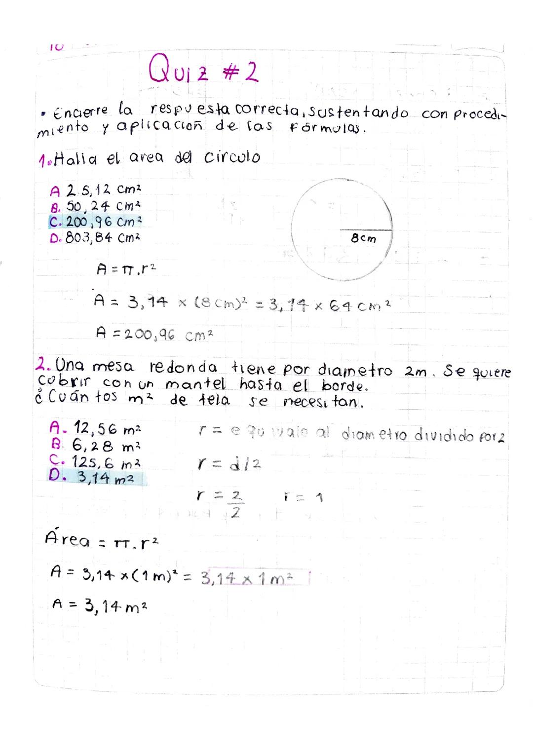 Quiz área del círculo 